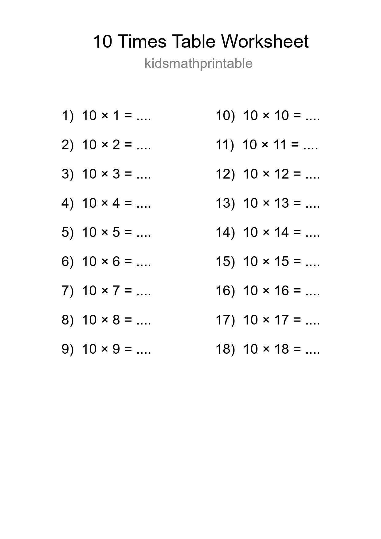 10 Times Table Worksheet For Grade 3 With Answers - Part 9