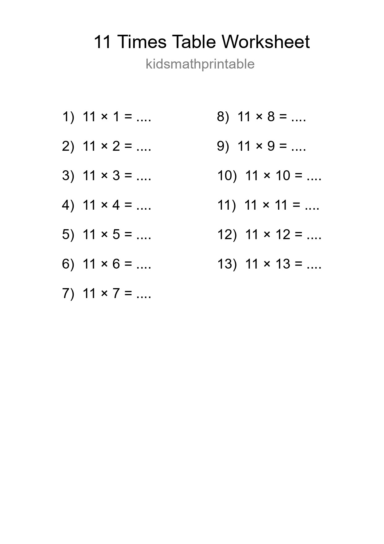 11 Times Table Worksheet For Grade 4 - Part 218