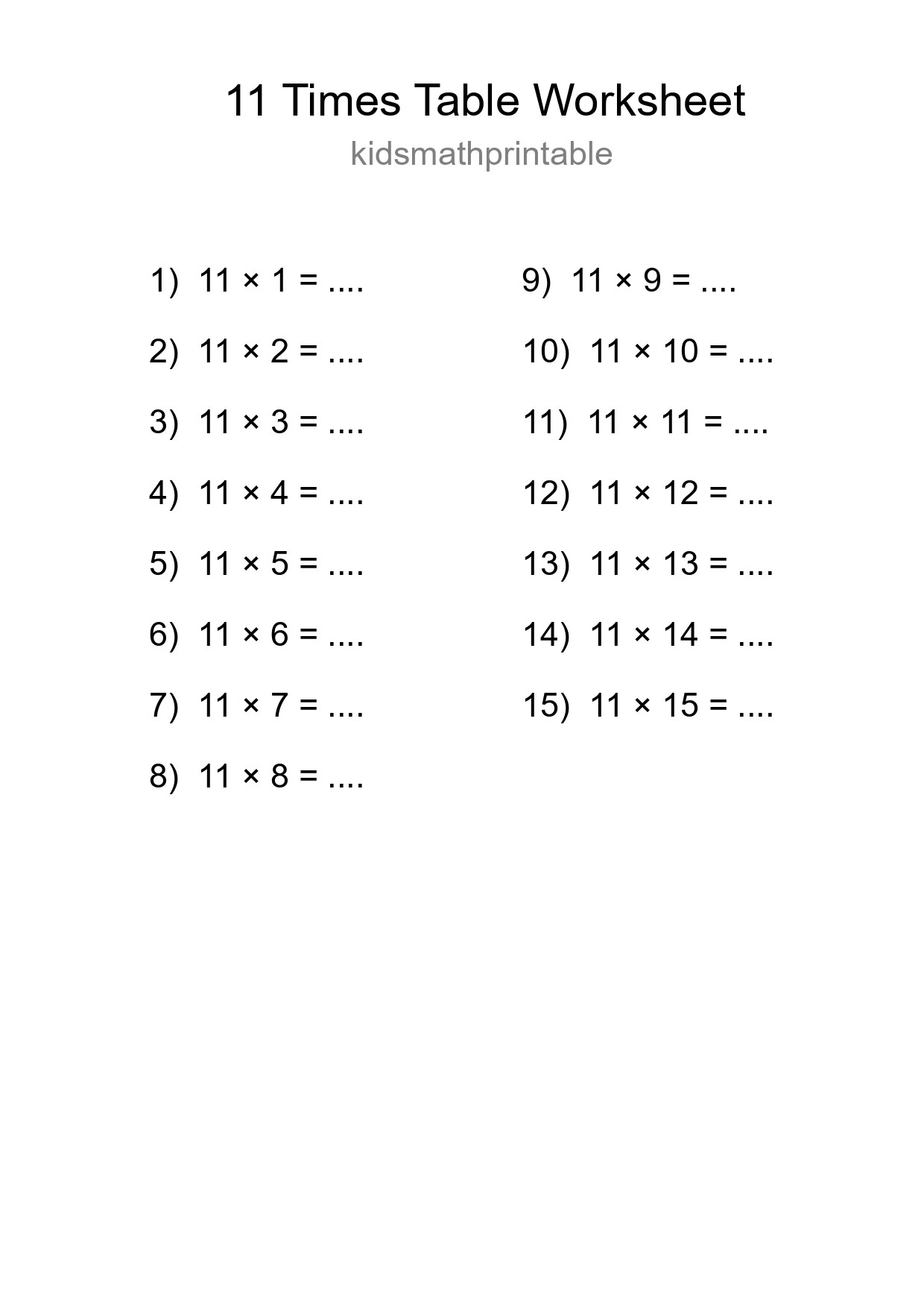 11 Times Table Worksheet For Grade 4 - Part 273