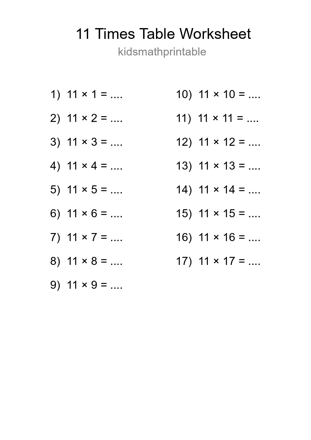 11 Times Table Worksheet For Grade 4 - Part 75