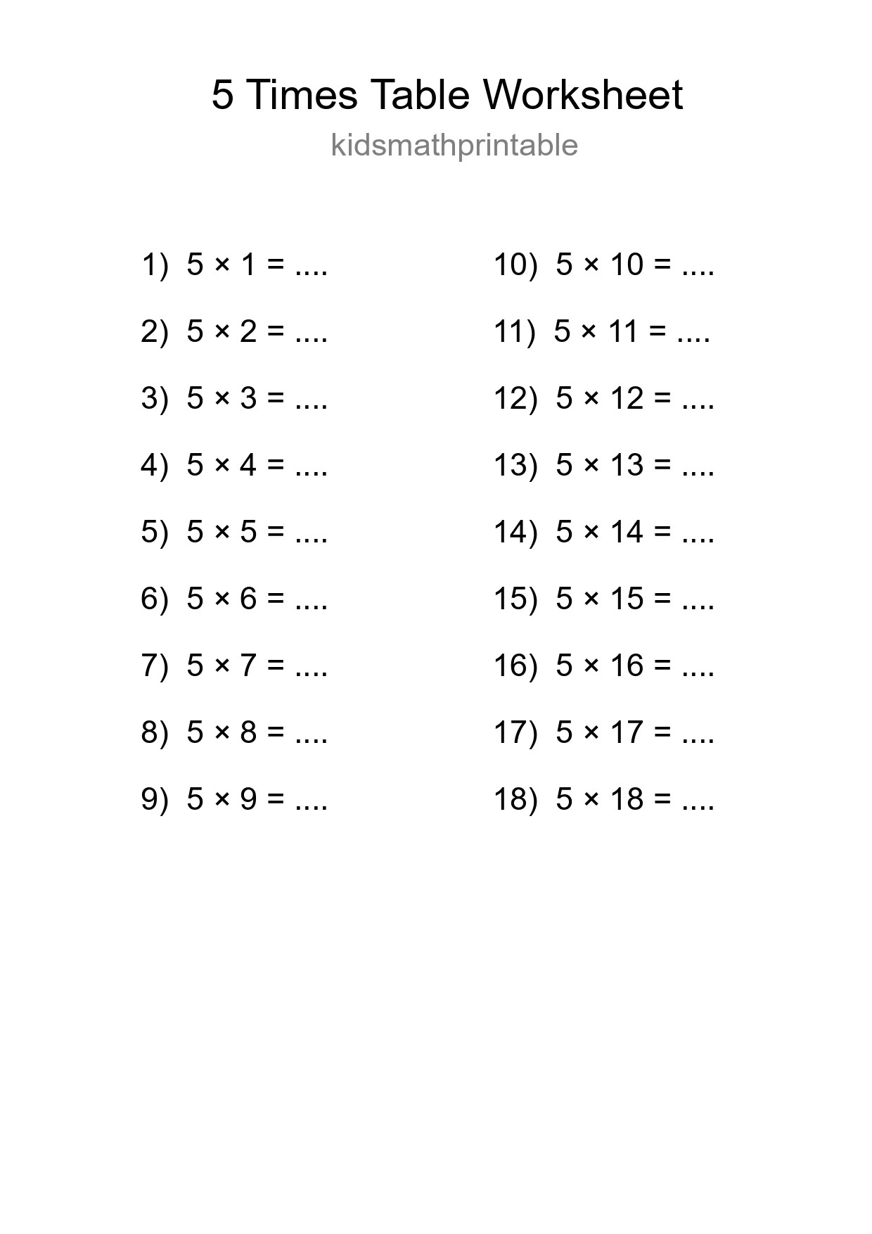 5 Times Table Worksheet For Grade 2 With Answers - Part 240