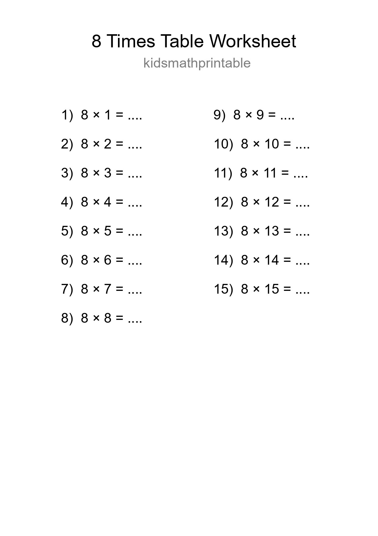 8 Times Table Worksheet For Grade 3 With Answers - Part 20