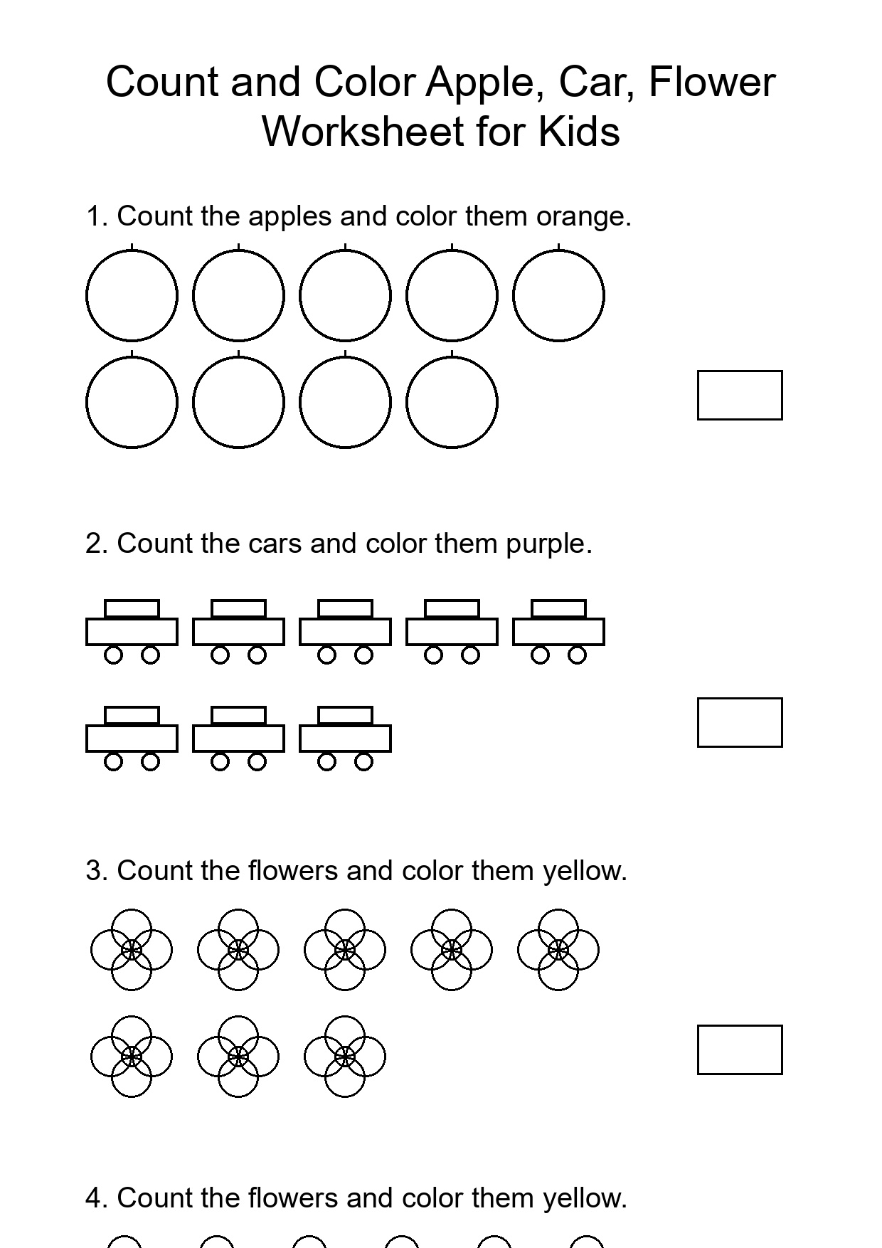 Count and Color Apple, Car, Flower Worksheet for Kids