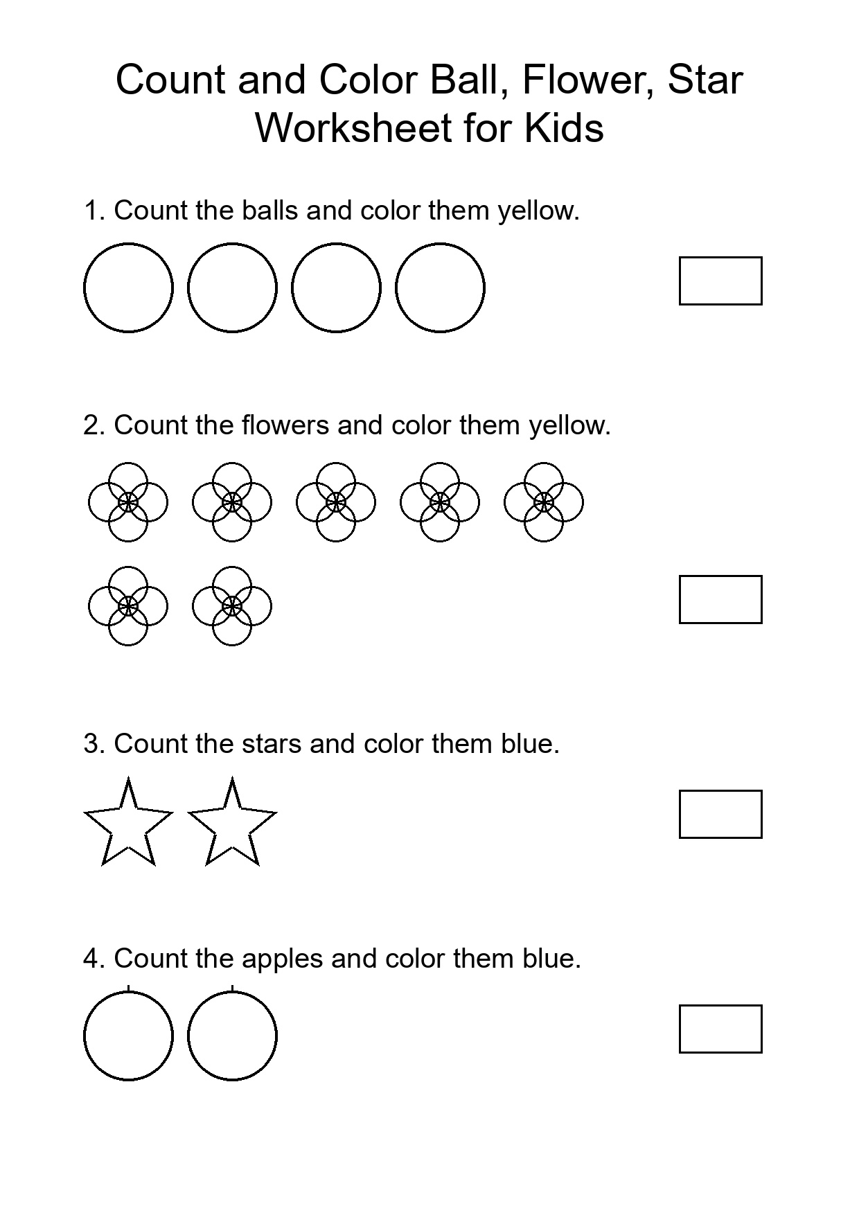 Count and Color Ball, Flower, Star Worksheet for Kids