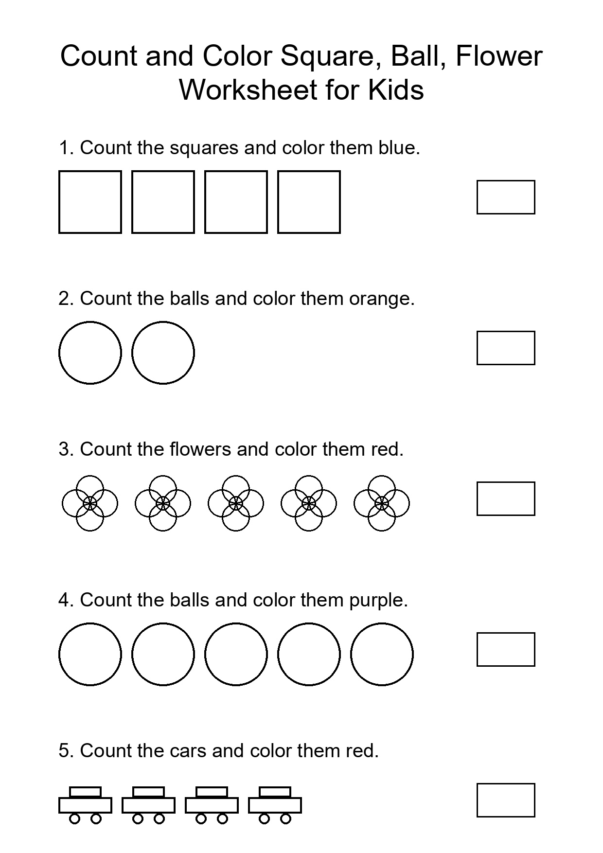 Count and Color Square, Ball, Flower Worksheet for Kids