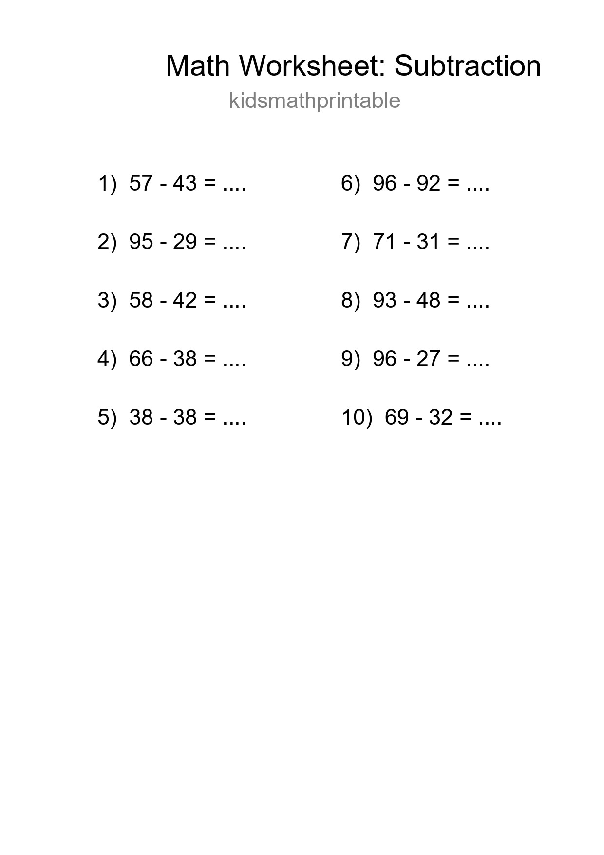 Free 10 Subtraction Math Worksheet For Grade 3 With Answers - Part 272