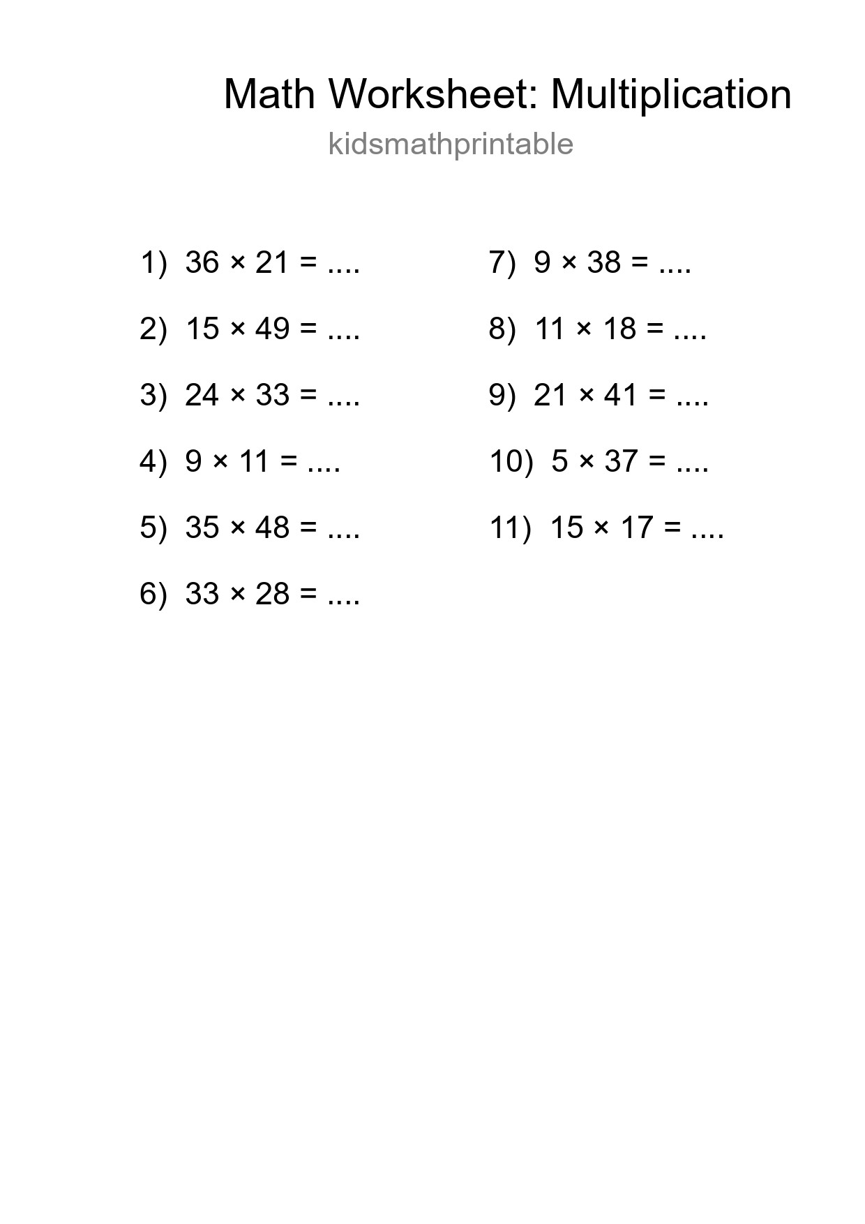 Free 11 Multiplication Math Worksheet For Grade 2 - Part 194
