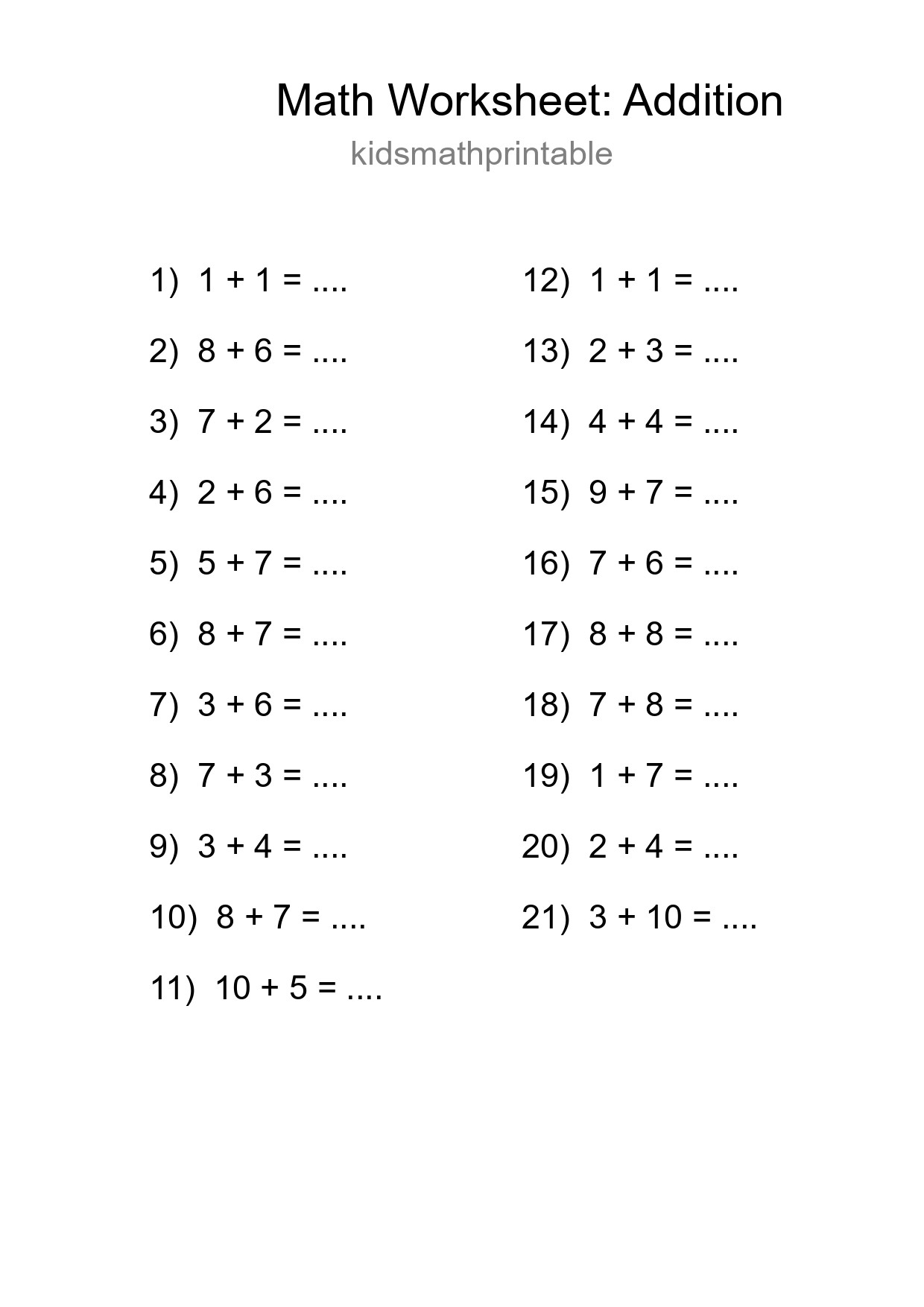 Free 21 Addition Math Worksheet For Grade 1 - Part 34