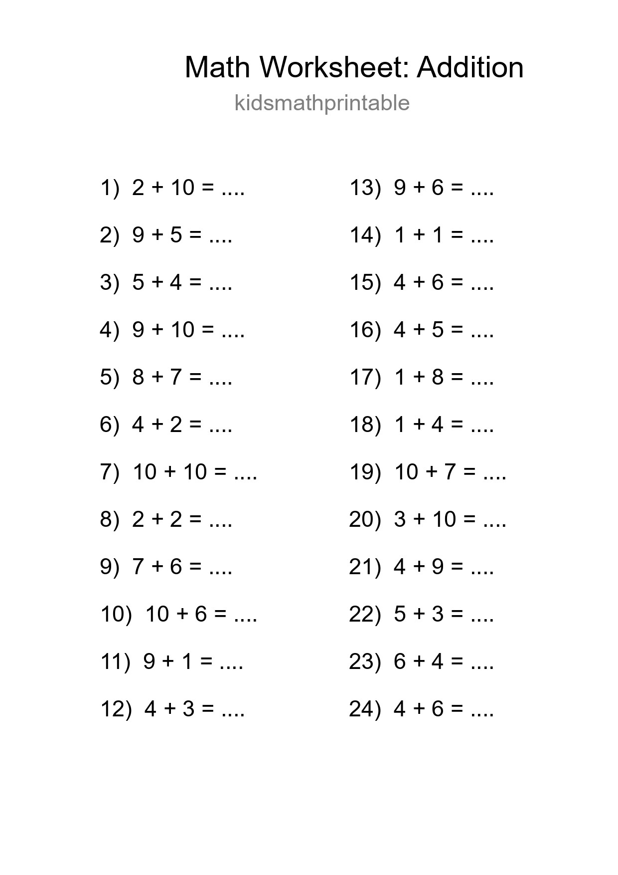 Free 24 Addition Math Worksheet For Grade 1 - Part 111