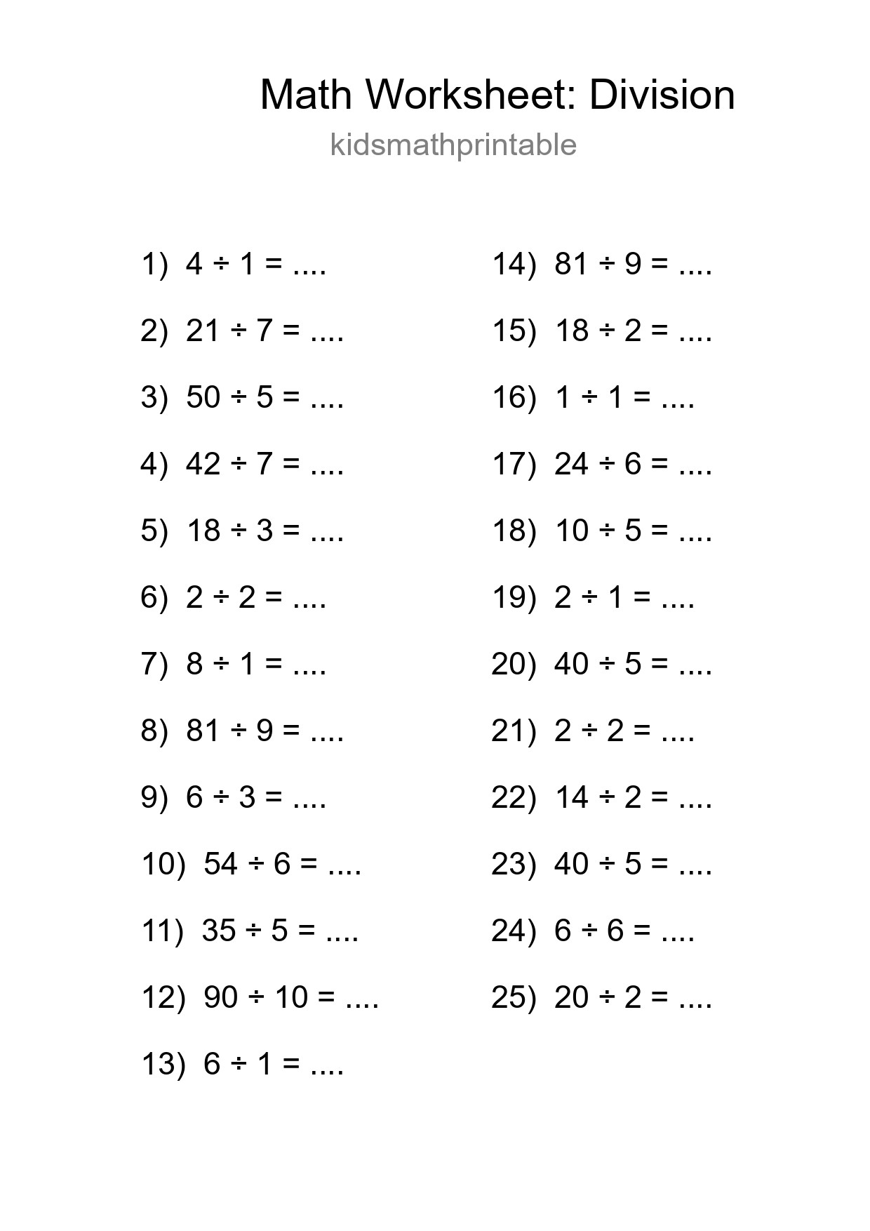 Free 25 Division Math Worksheet For Grade 1 - Part 48
