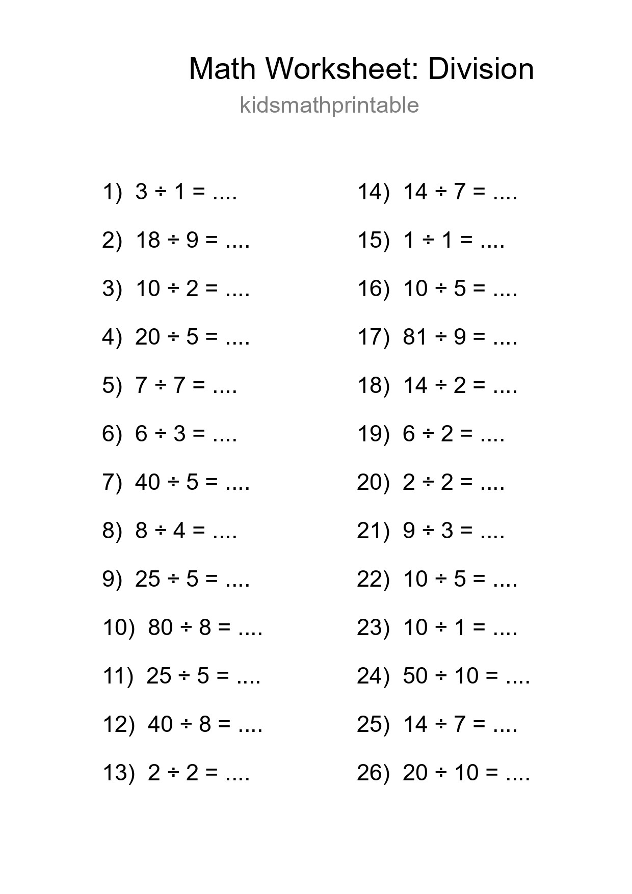 Free 26 Division Math Worksheet For Grade 1 With Answers - Part 92