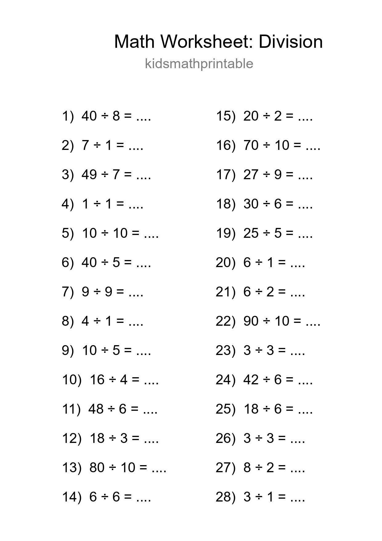 Free 28 Division Math Worksheet For Grade 1 With Answers - Part 246