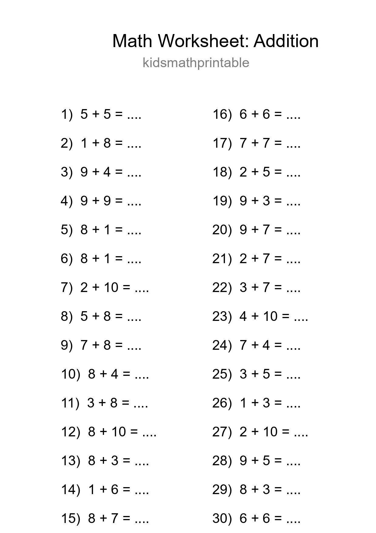 Free 30 Addition Math Worksheet For Grade 1 - Part 254