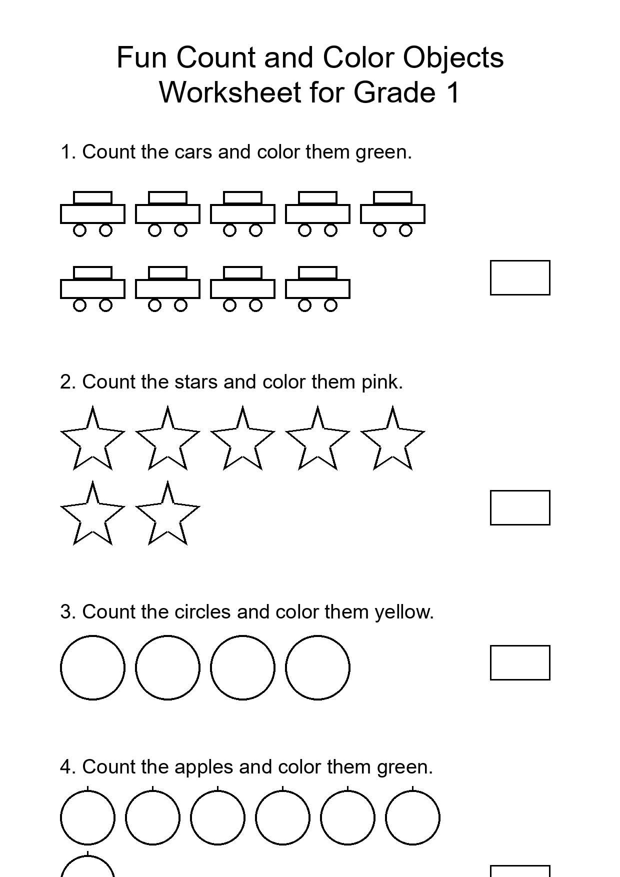 Fun Count and Color Objects Worksheet for Grade 1