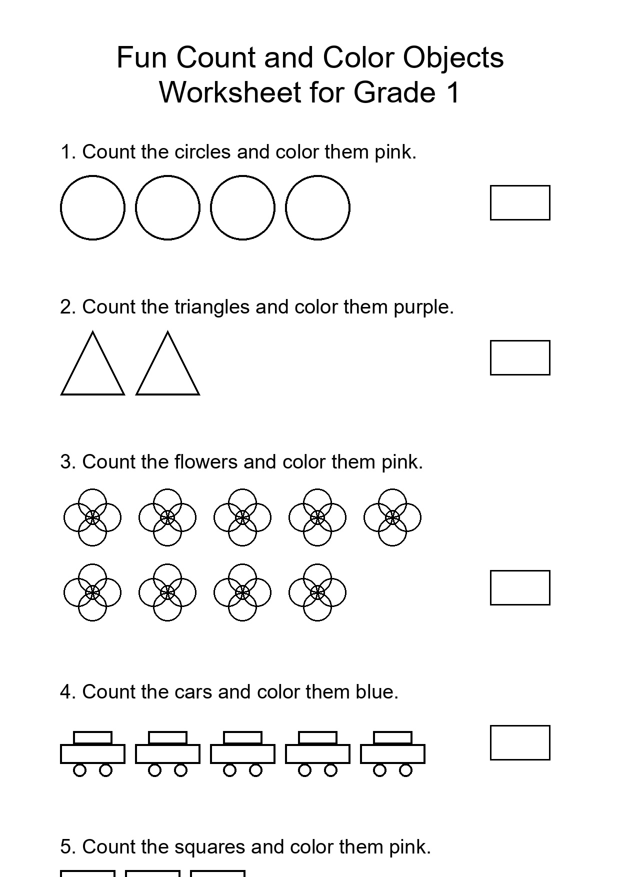 Fun Count and Color Objects Worksheet for Grade 1