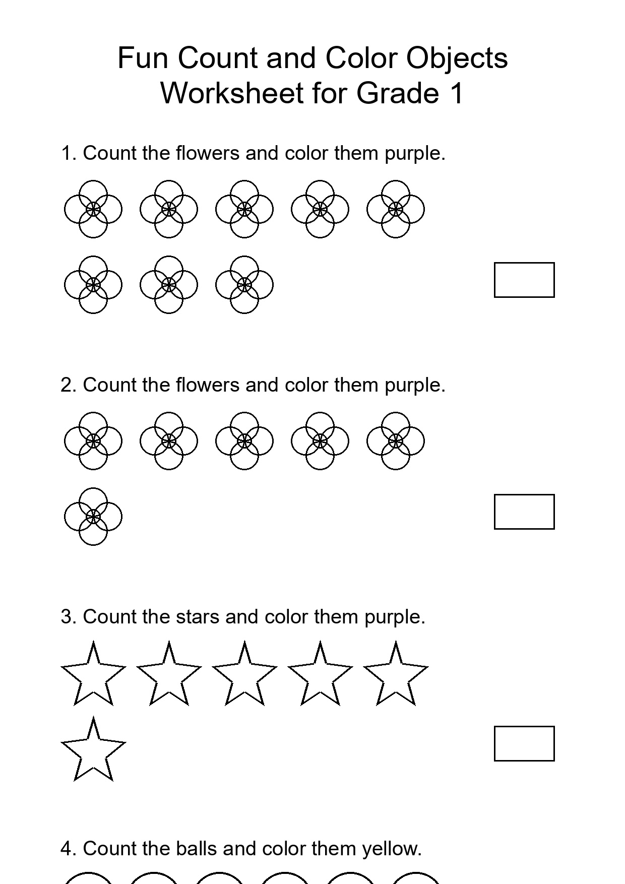 Fun Count and Color Objects Worksheet for Grade 1