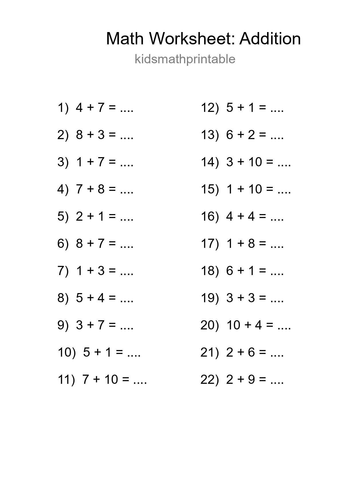 Grade 1 Addition Practice Worksheet (22 Problems) - Part 232