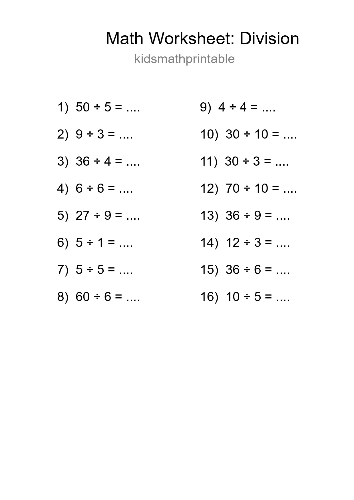 Grade 1 Division Practice Worksheet (16 Problems) - Part 26
