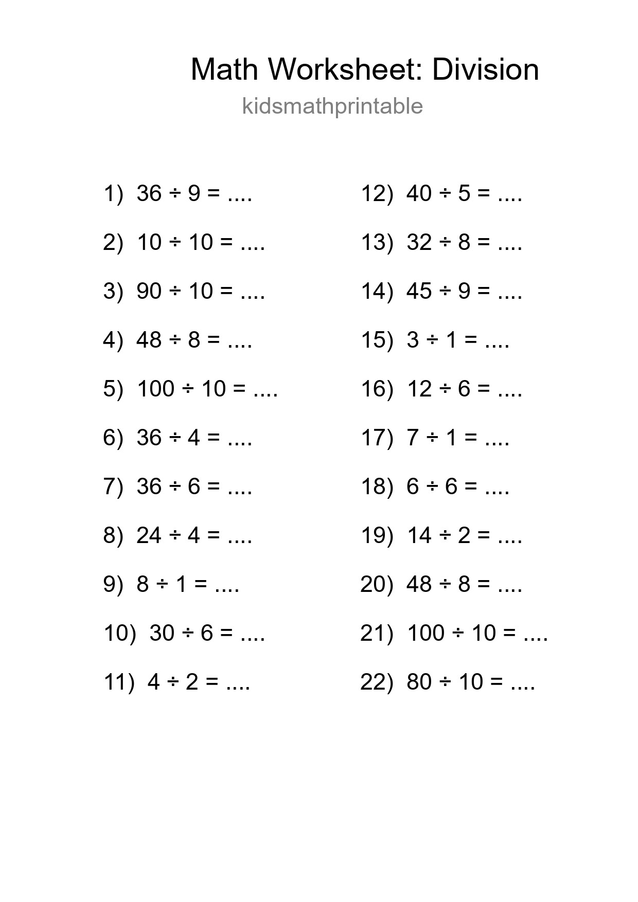 Grade 1 Division Practice Worksheet (22 Problems) - Part 81