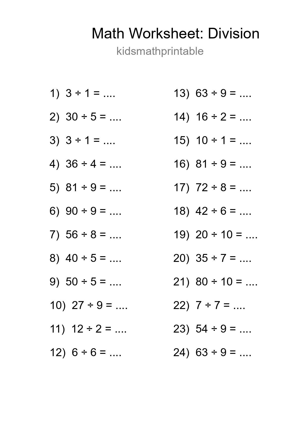 Grade 1 Division Practice Worksheet (24 Problems) - Part 268