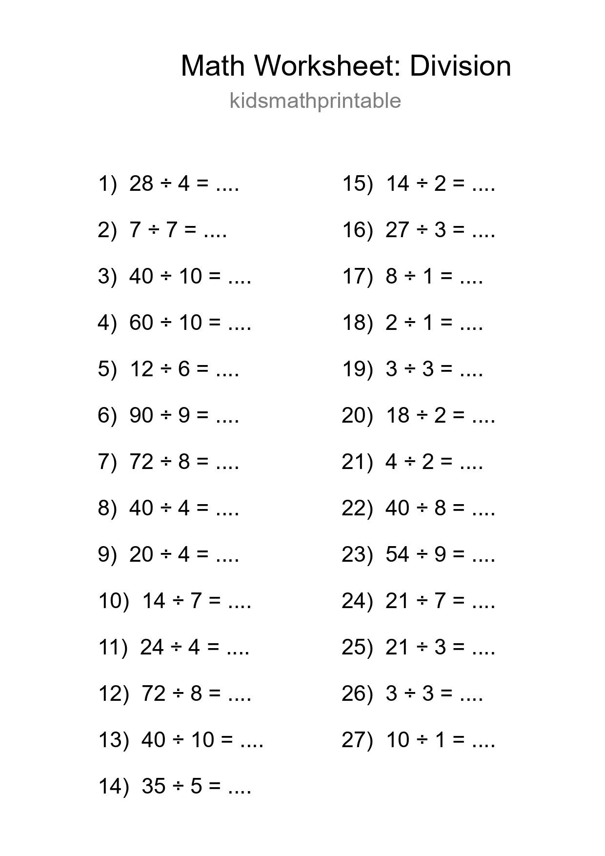 Grade 1 Division Practice Worksheet (27 Problems) - Part 70