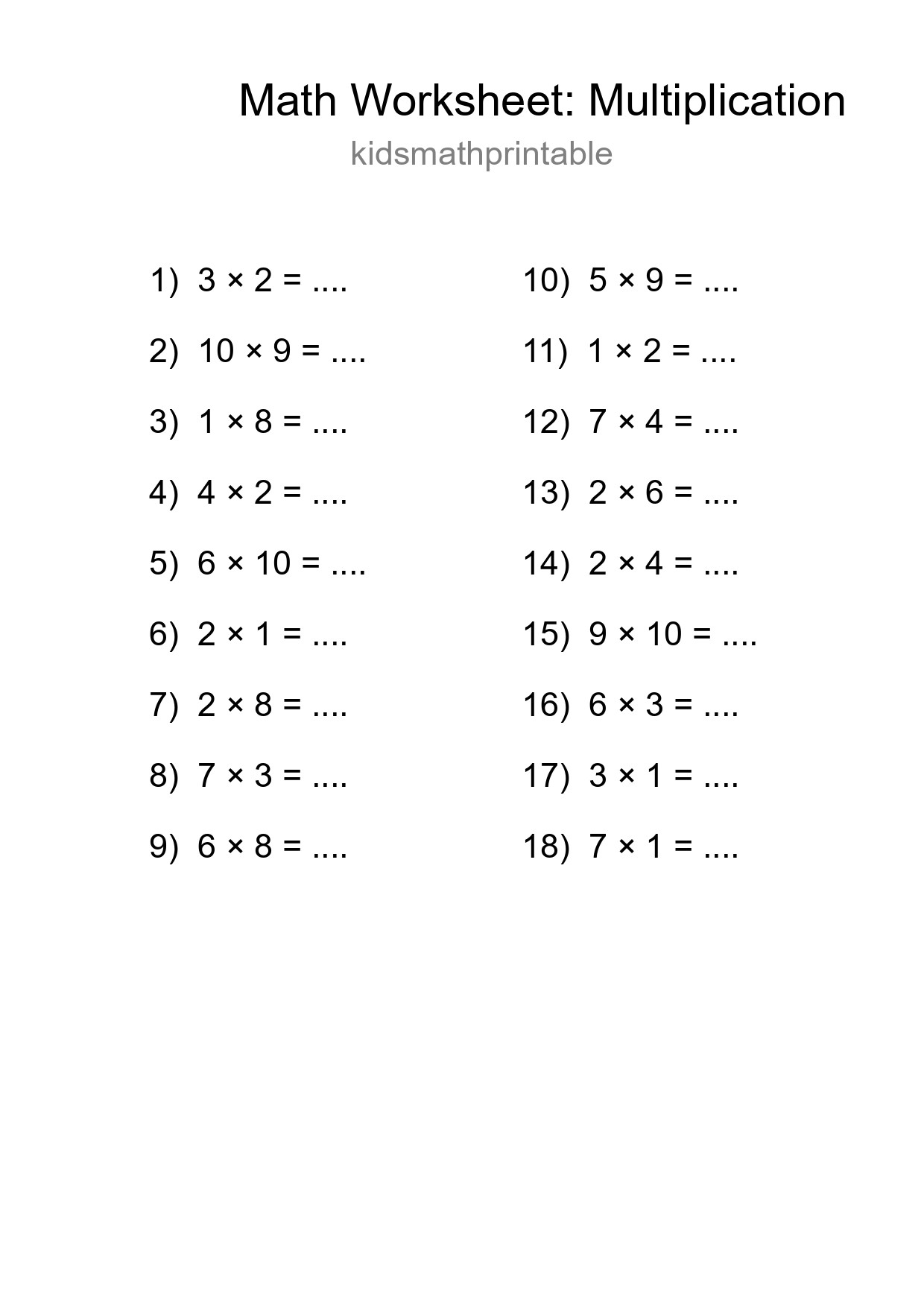 Grade 1 Multiplication Practice Worksheet (18 Problems) - Part 62