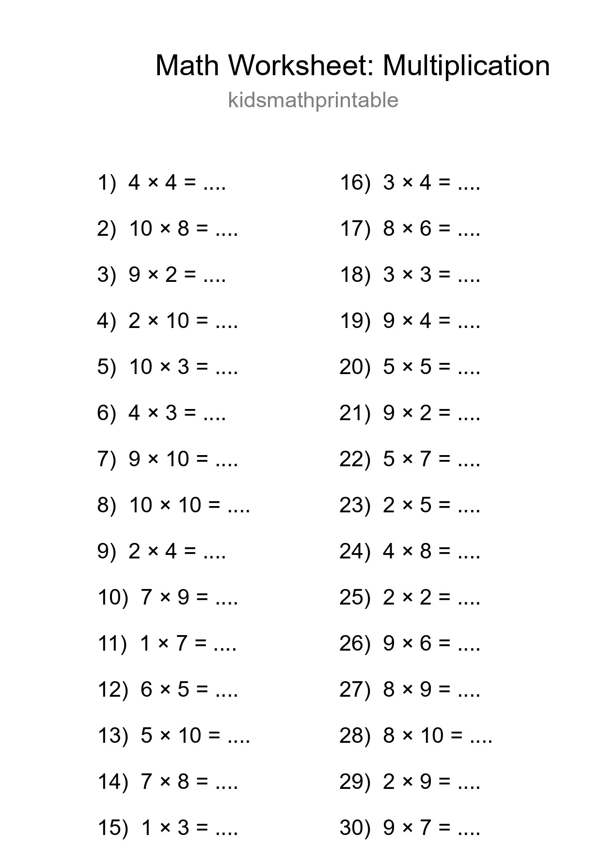 Grade 1 Multiplication Practice Worksheet (30 Problems) - Part 117