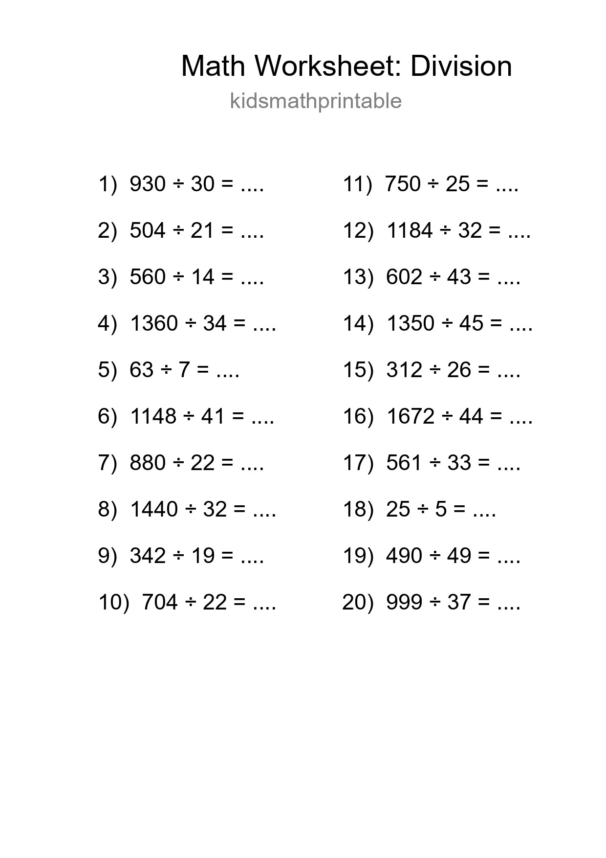 Grade 2 Division Practice Worksheet (20 Problems) - Part 136