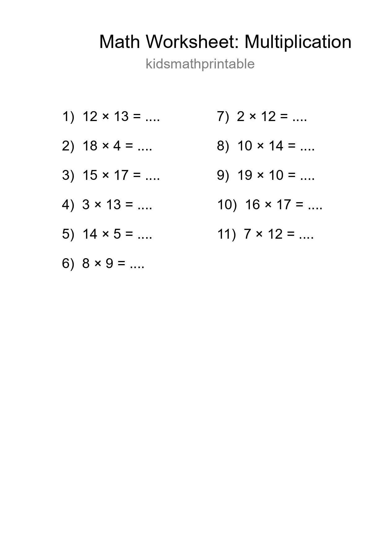 Grade 2 Multiplication Practice Worksheet (11 Problems) - Part 172