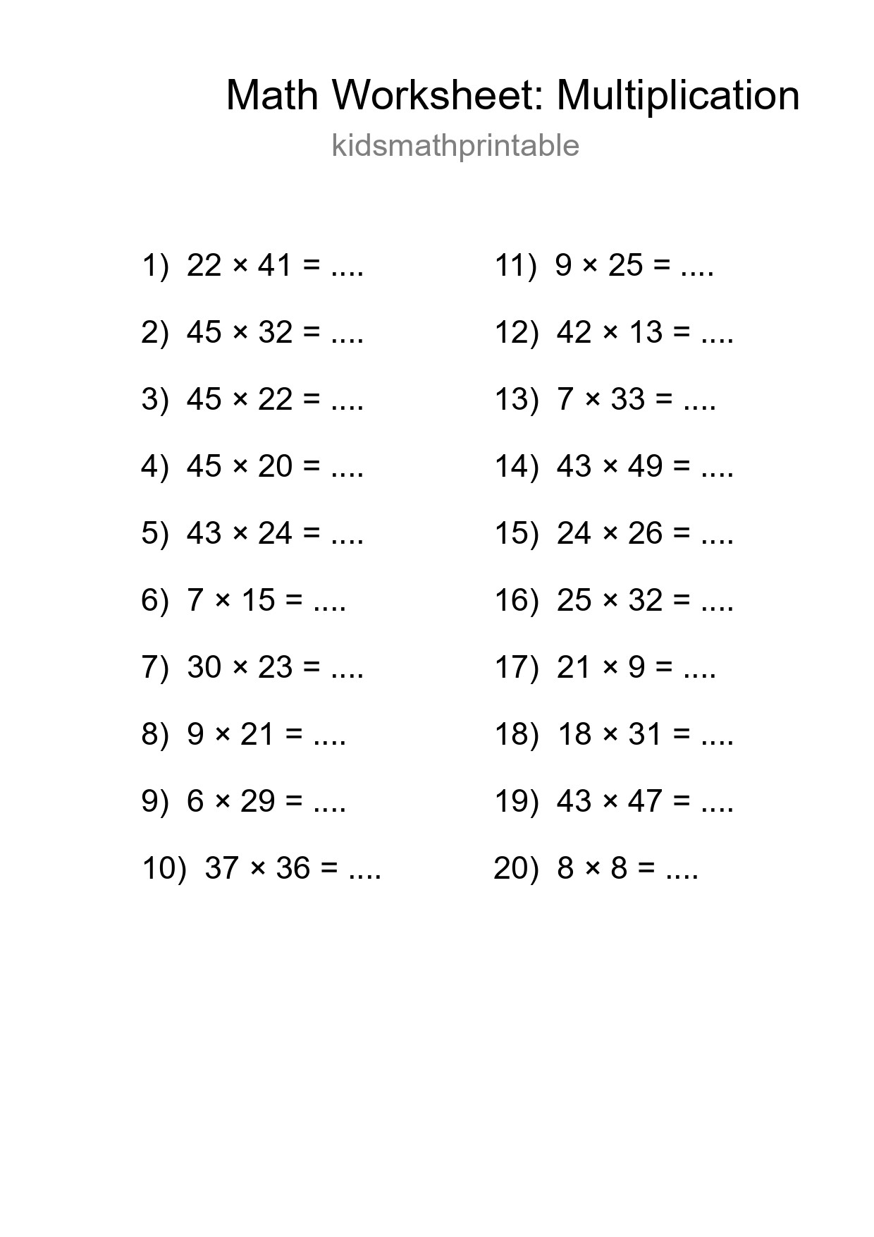 Grade 2 Multiplication Practice Worksheet (20 Problems) - Part 73
