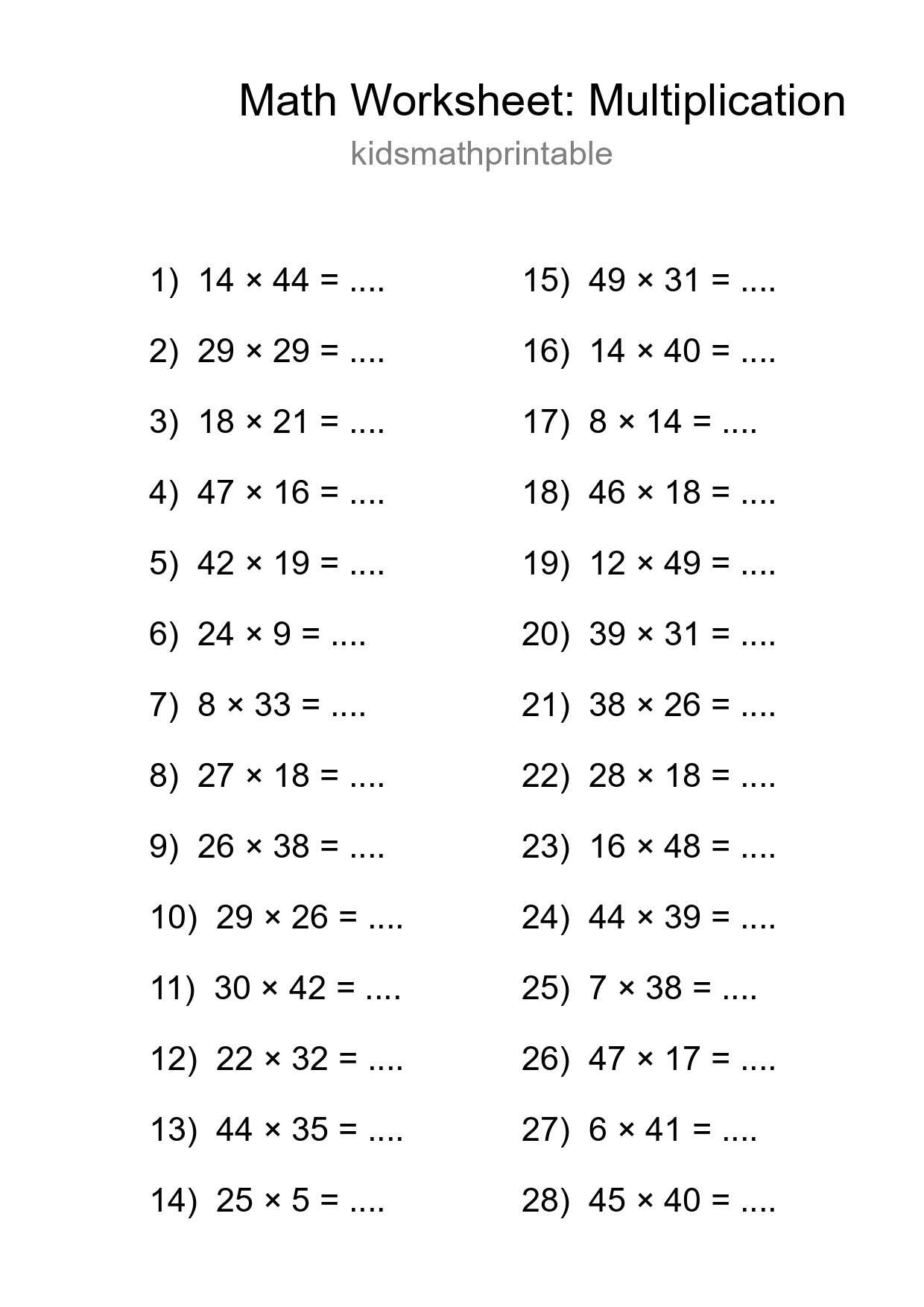 Grade 2 Multiplication Practice Worksheet (28 Problems) - Part 271