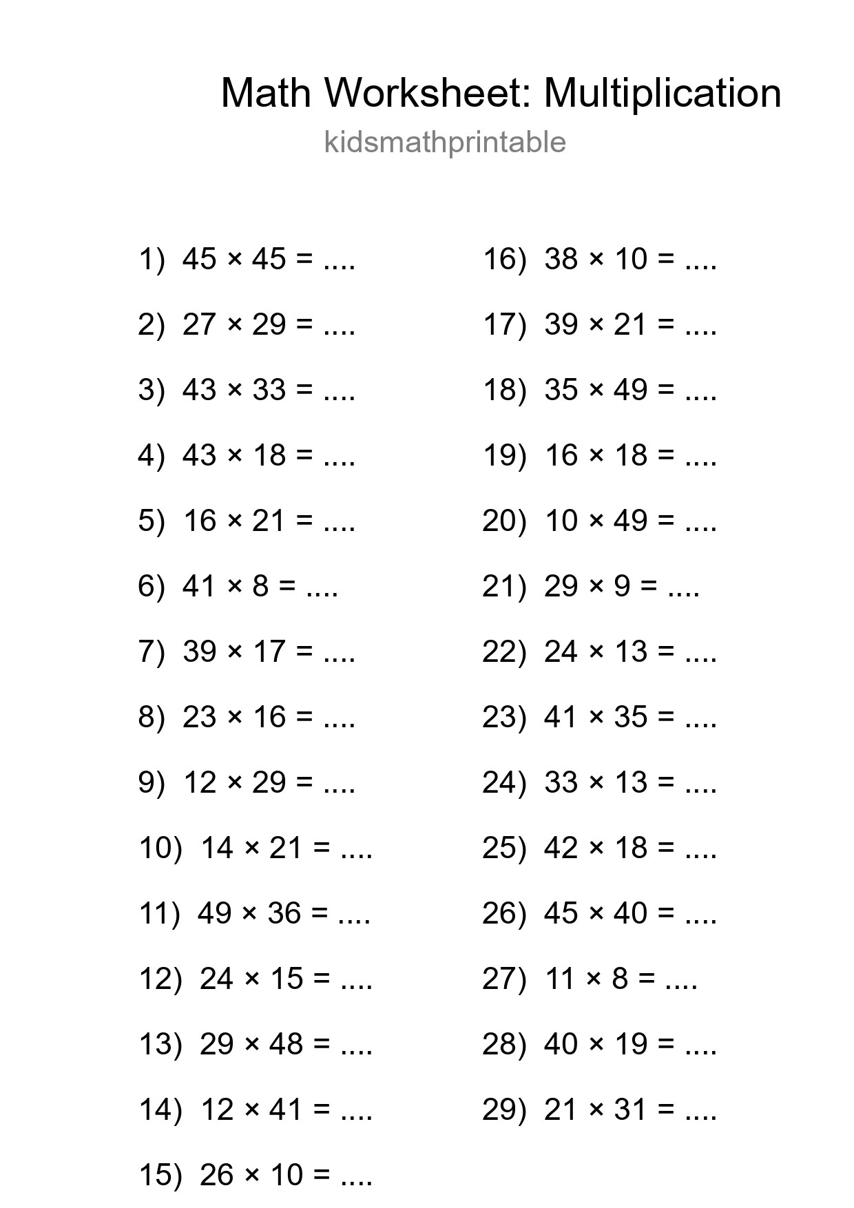 Grade 2 Multiplication Practice Worksheet (29 Problems) - Part 249
