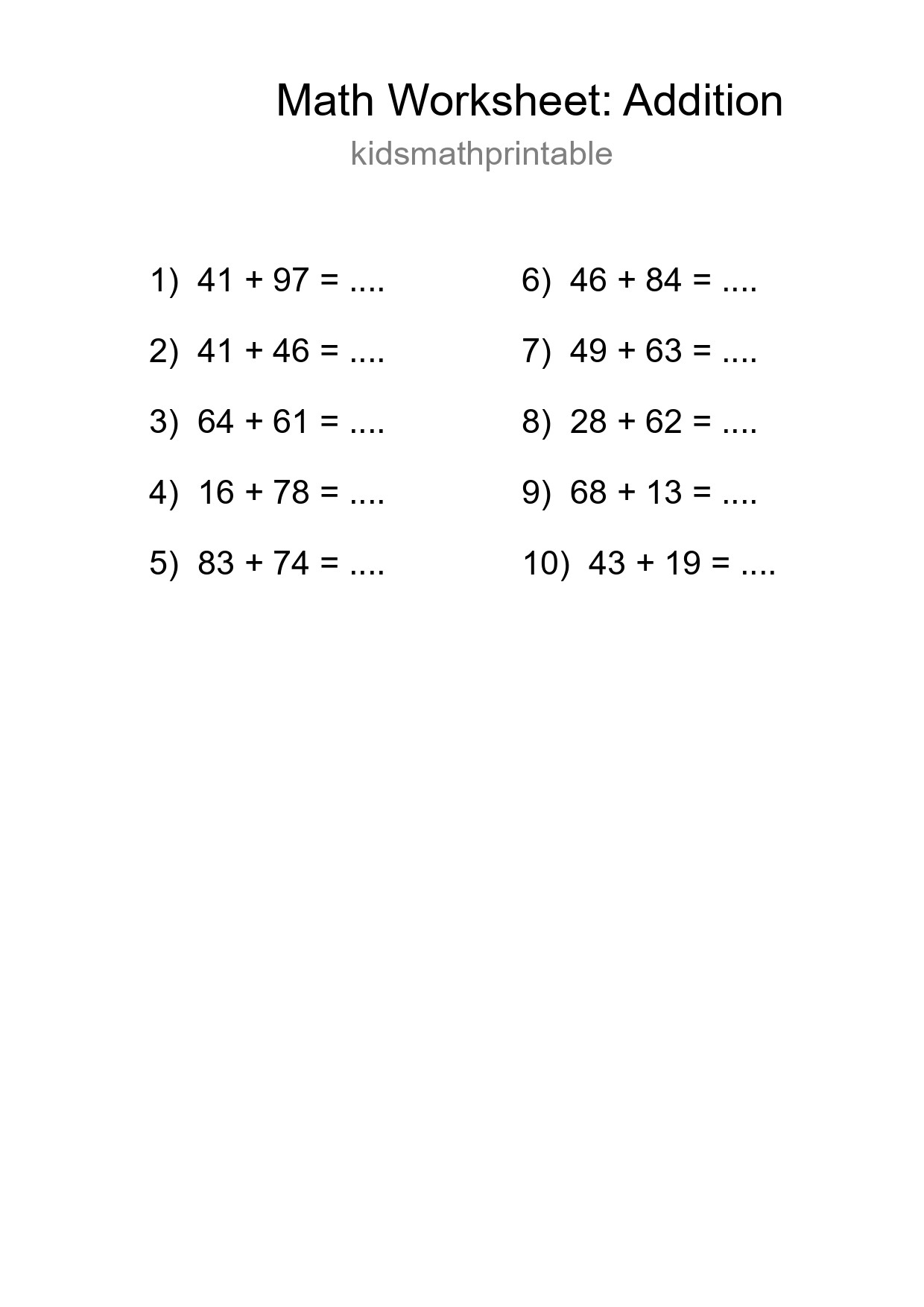 Grade 3 Addition Practice Worksheet (10 Problems)