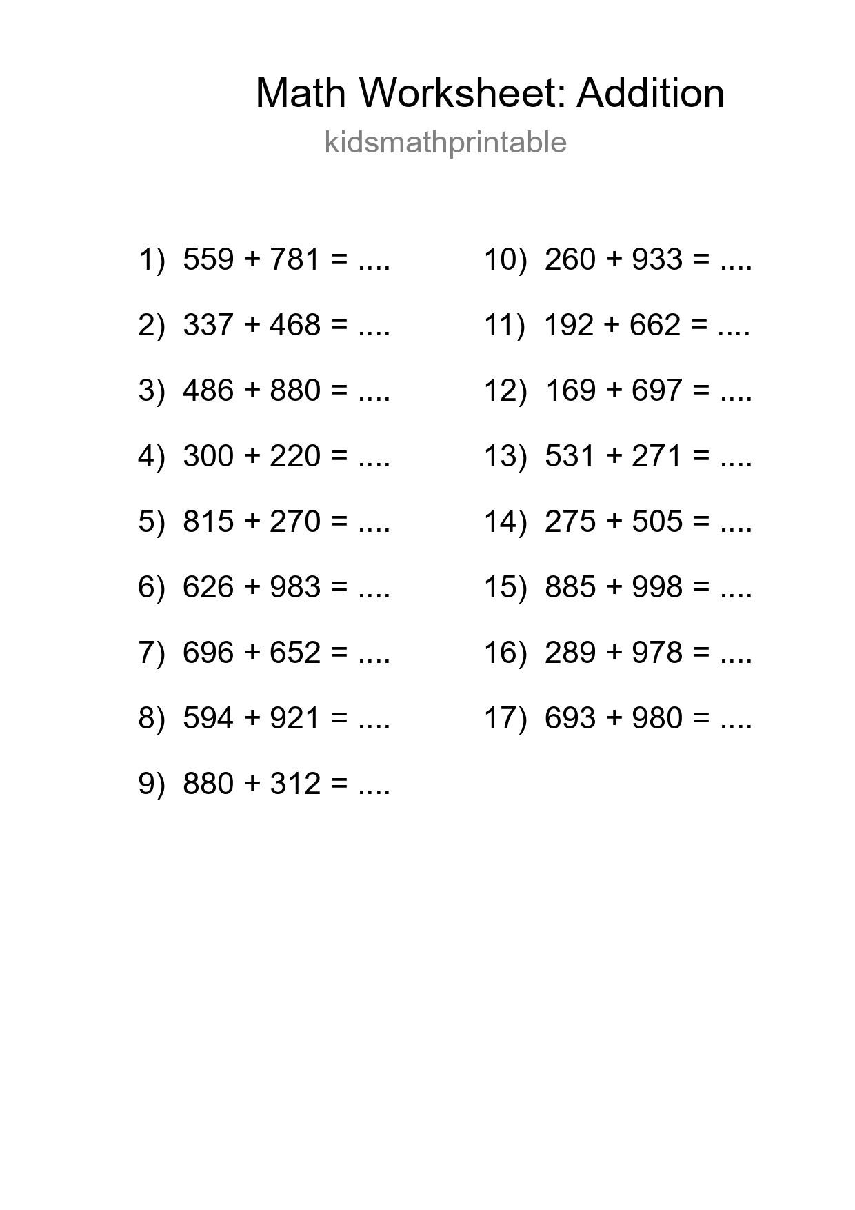 Grade 5 Addition Practice Worksheet (17 Problems) - Part 298