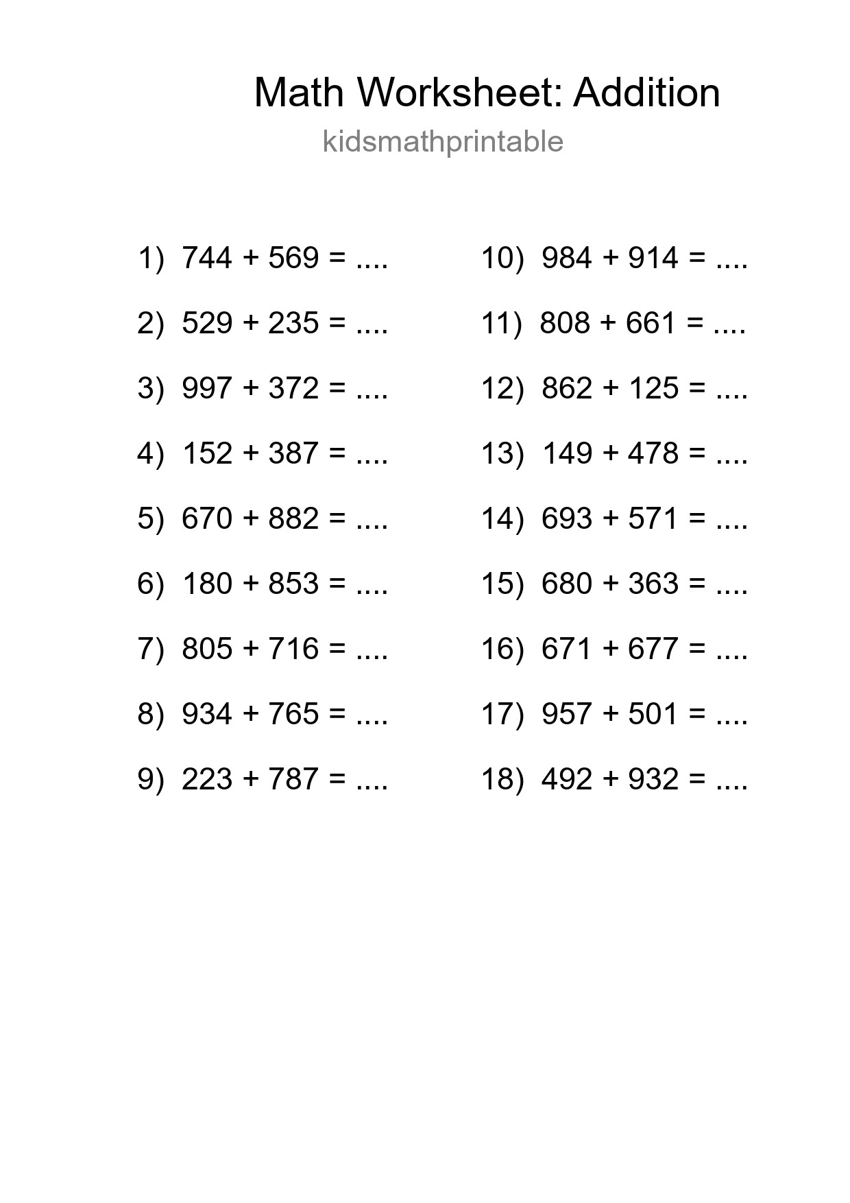 Grade 5 Addition Practice Worksheet (18 Problems) - Part 166