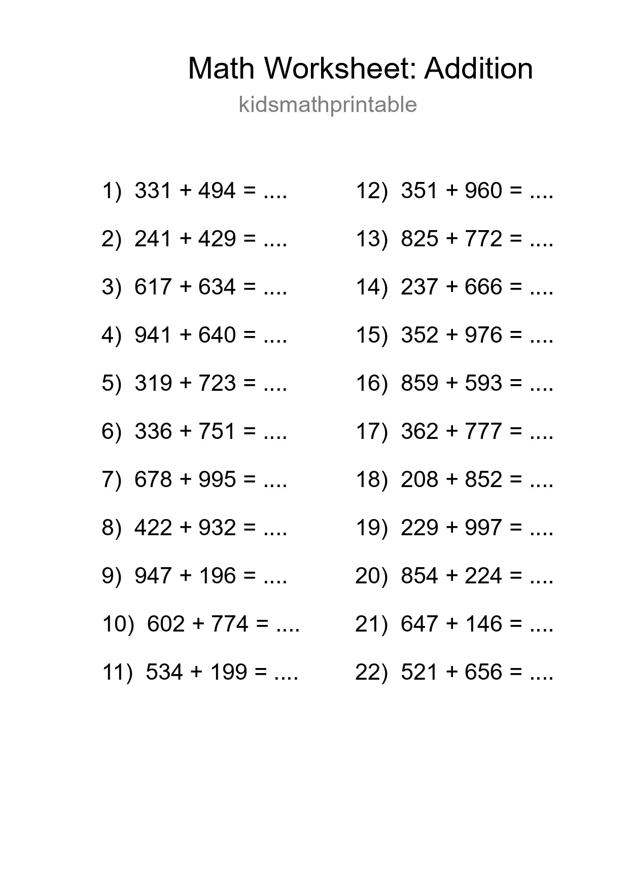 Grade 5 Addition Practice Worksheet (22 Problems) - Part 155