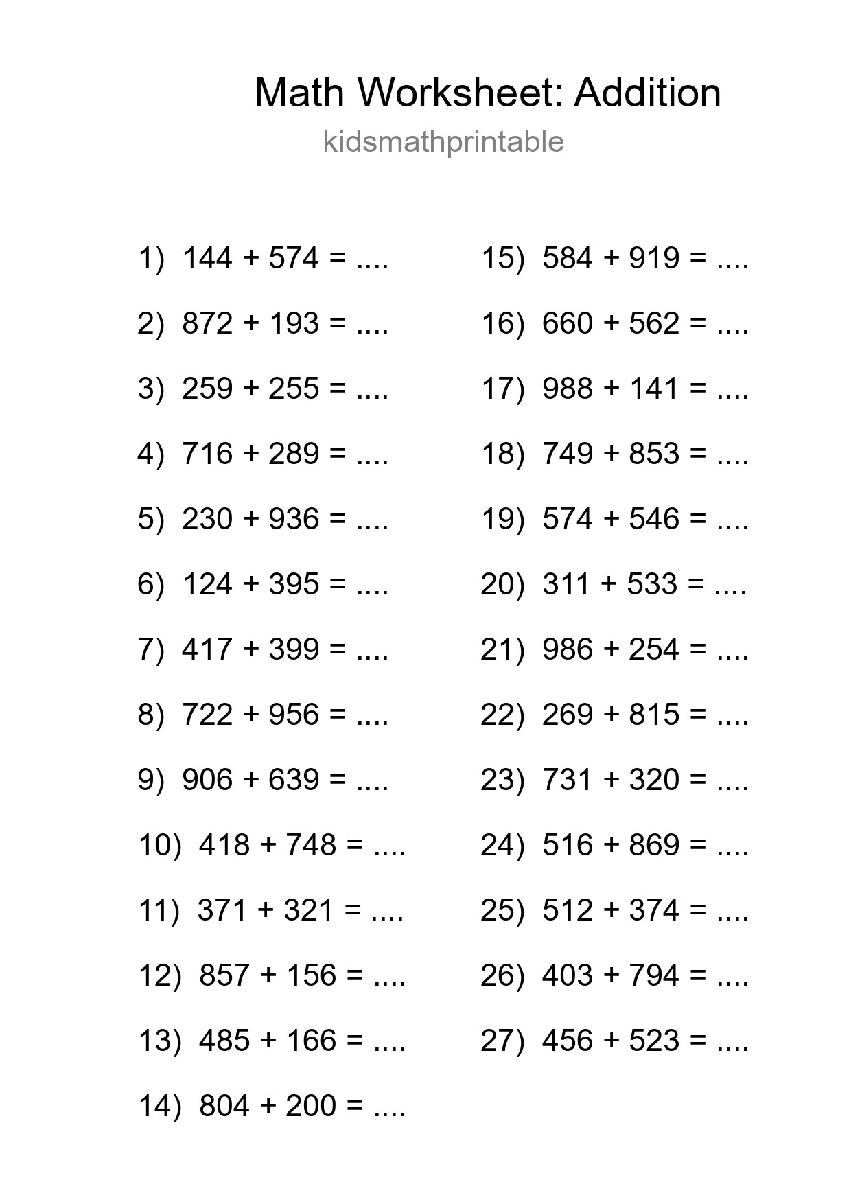 Grade 5 Addition Practice Worksheet (27 Problems) - Part 100