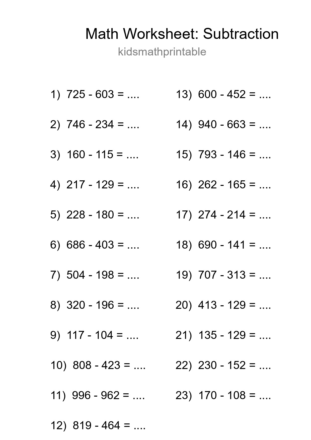 Grade 5 Subtraction Practice Worksheet (23 Problems) - Part 228
