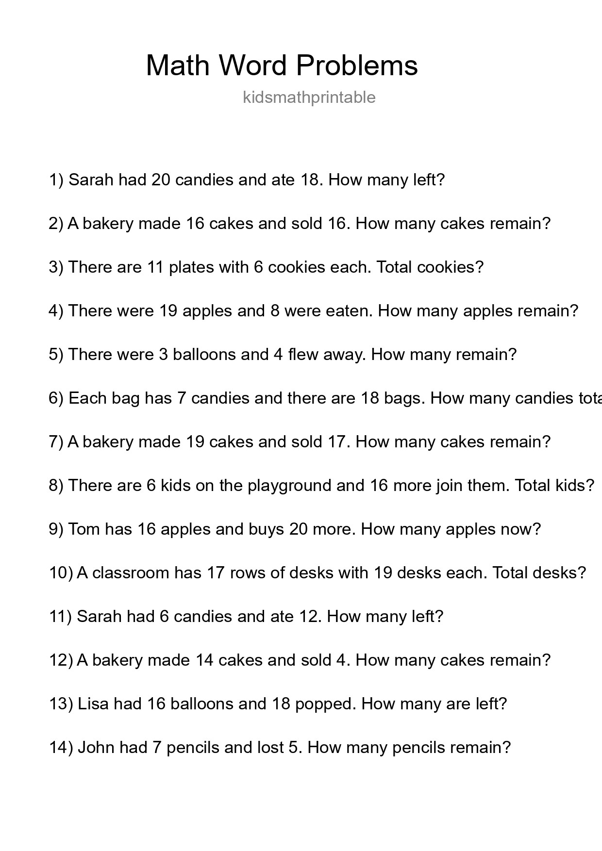 Math Word Problem Worksheet