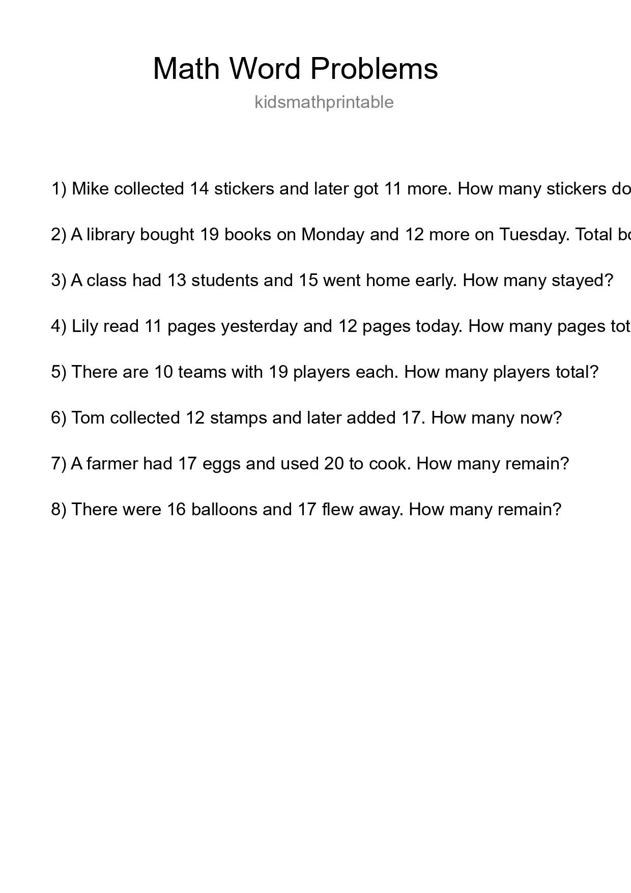 Math Word Problem Worksheet