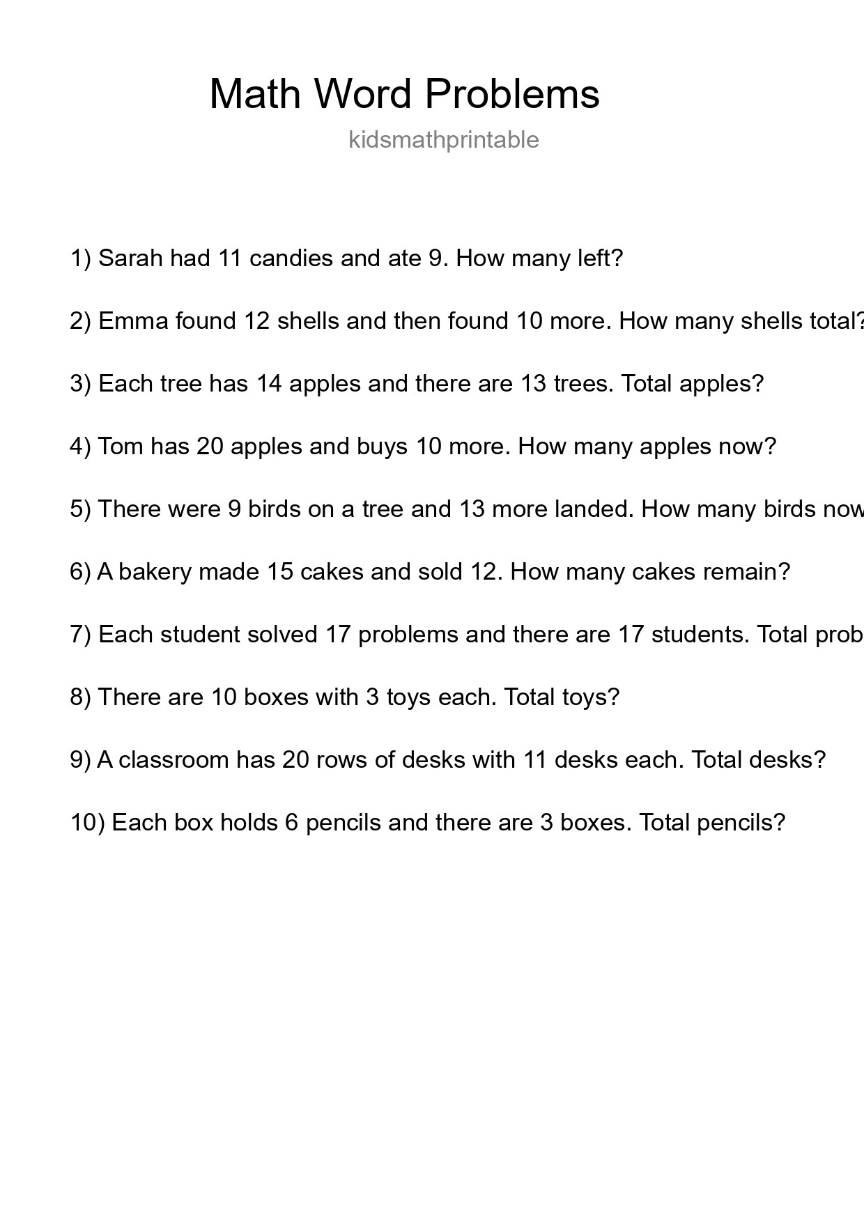 Math Word Problem Worksheet