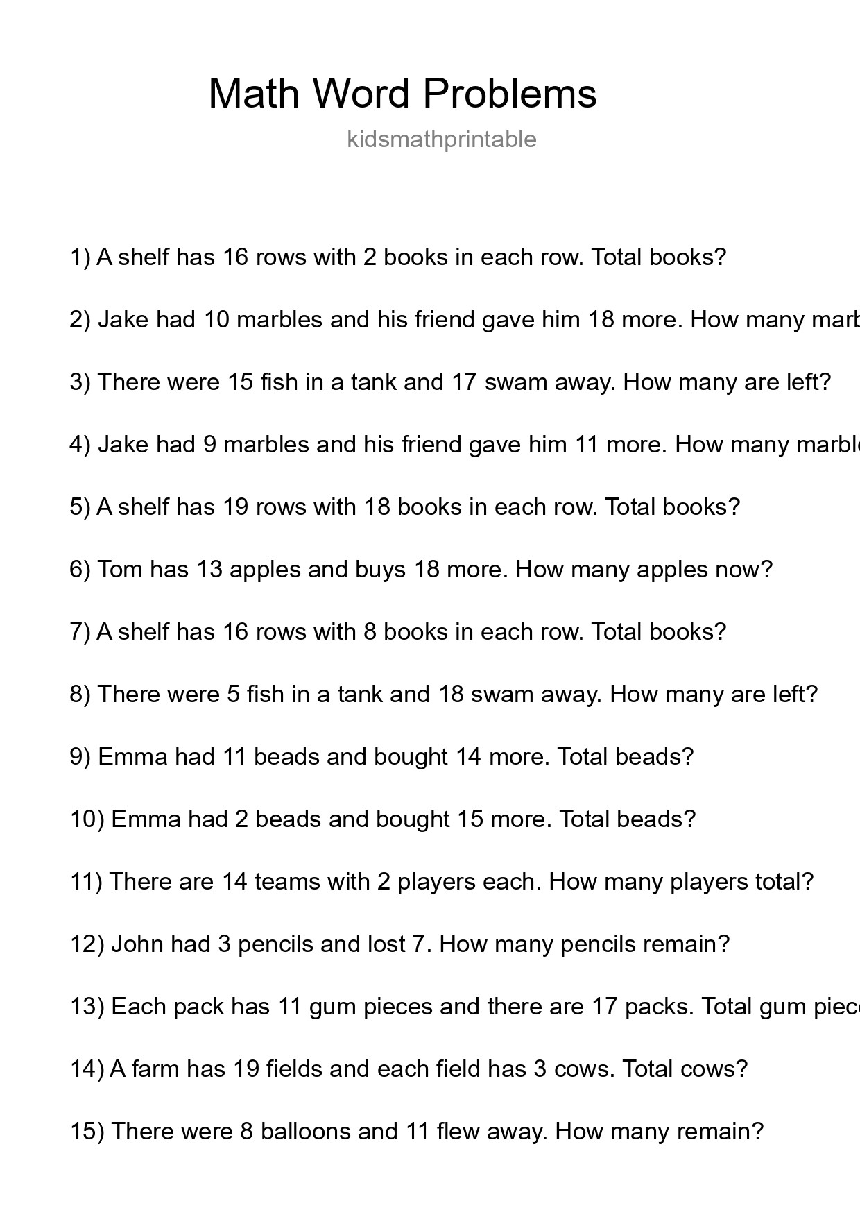 Math Word Problem Worksheet