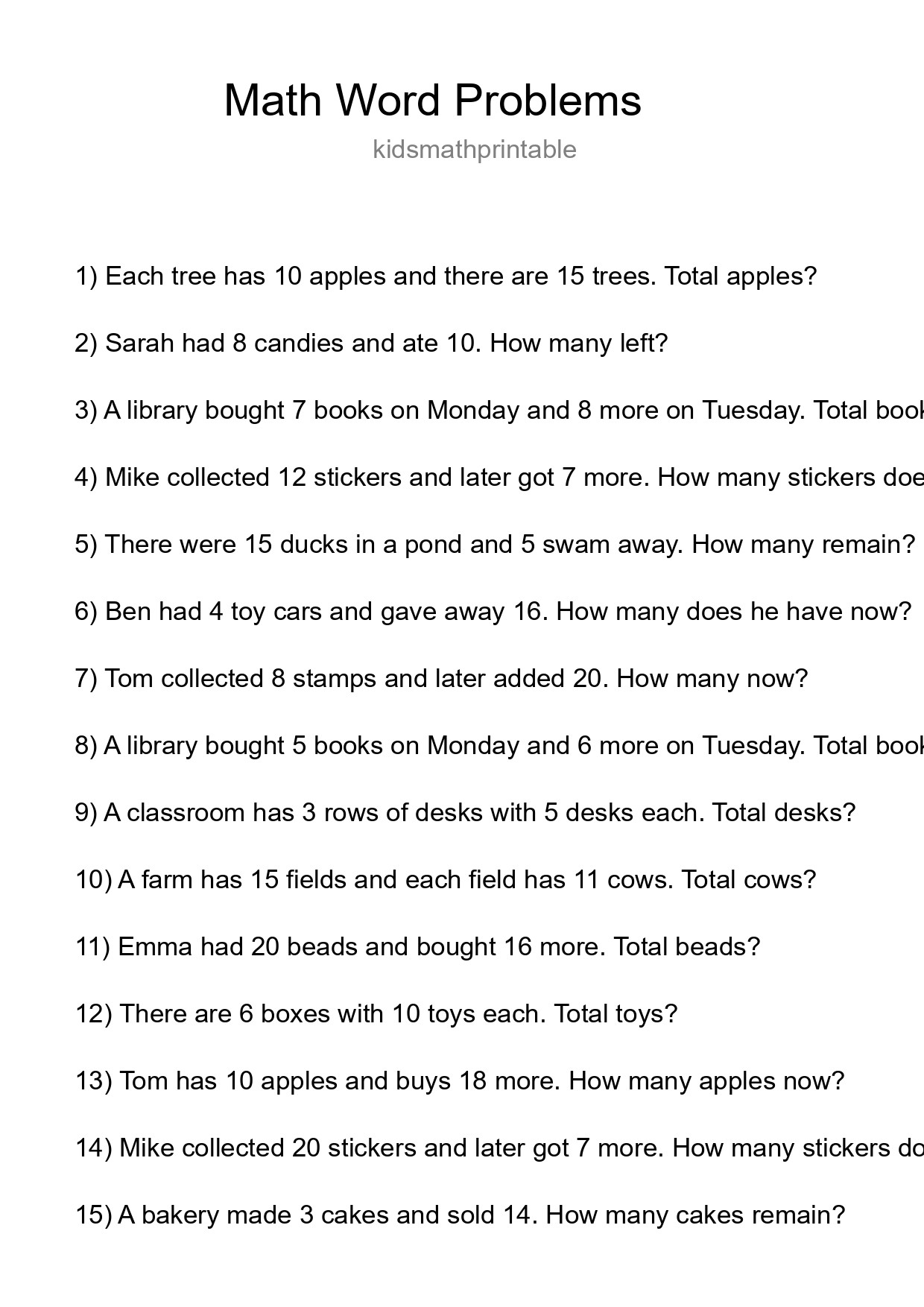 Math Word Problem Worksheet
