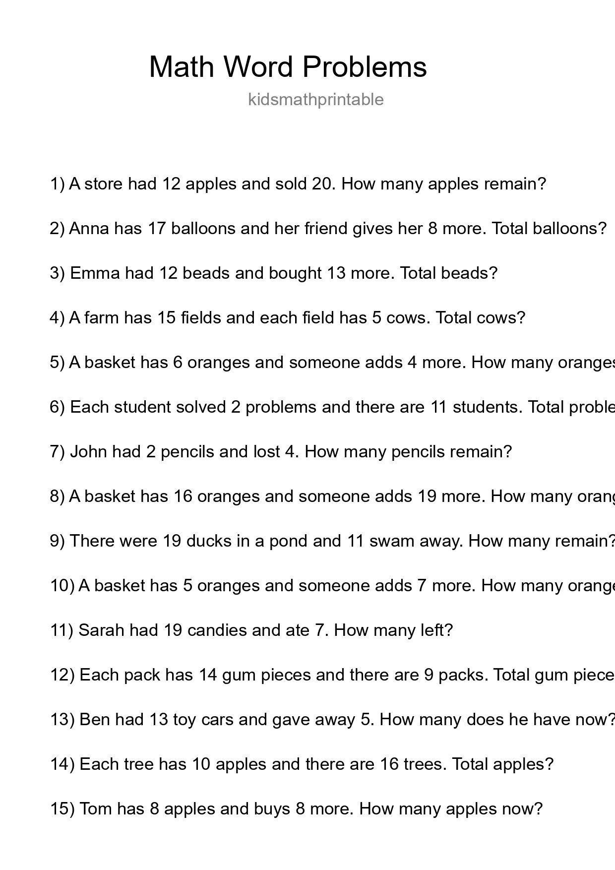 Math Word Problem Worksheet