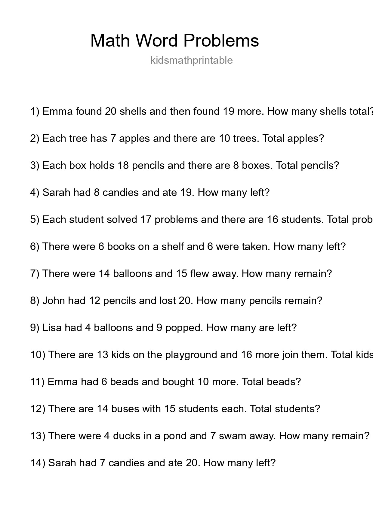 Math Word Problem Worksheet