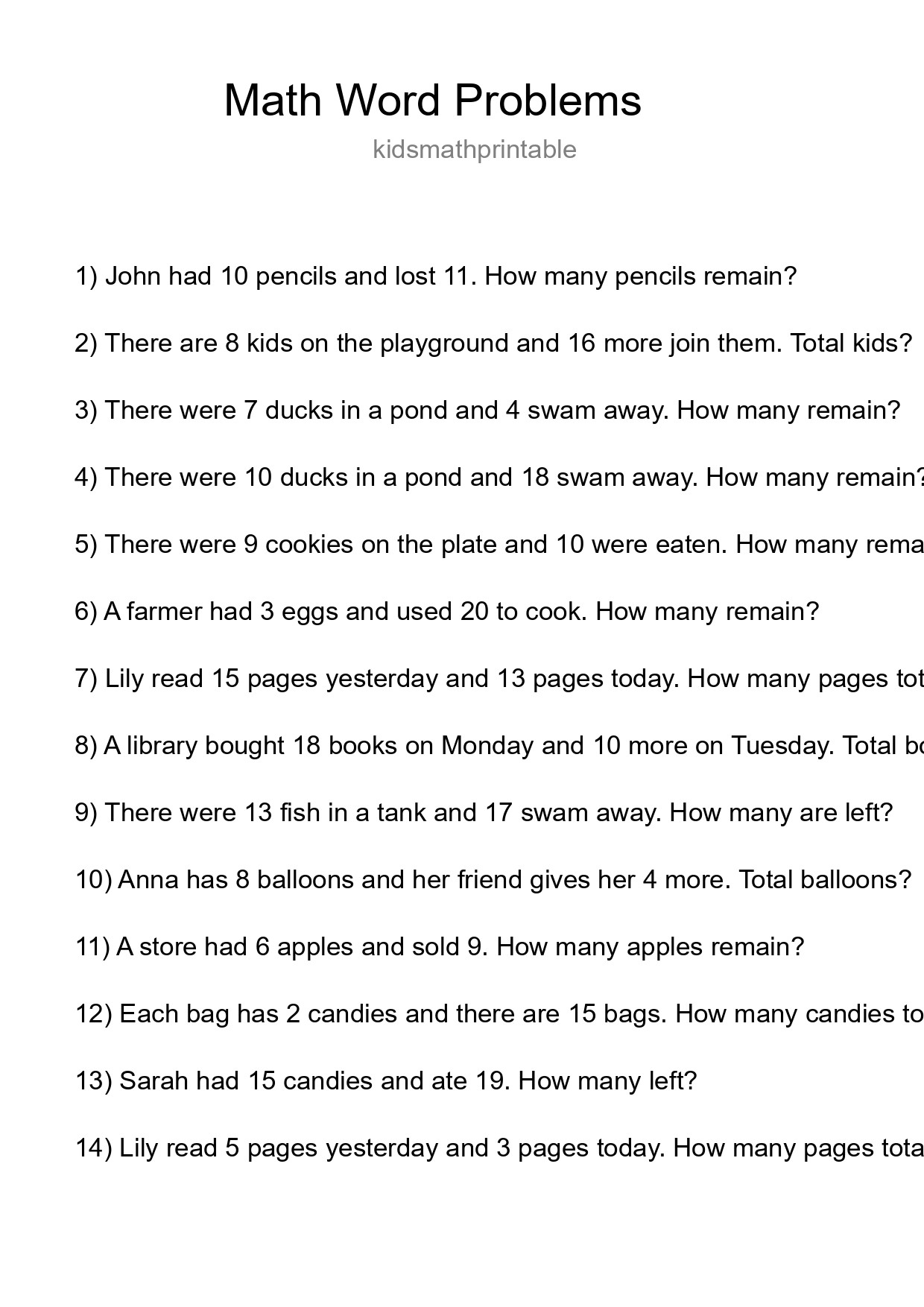 Math Word Problem Worksheet