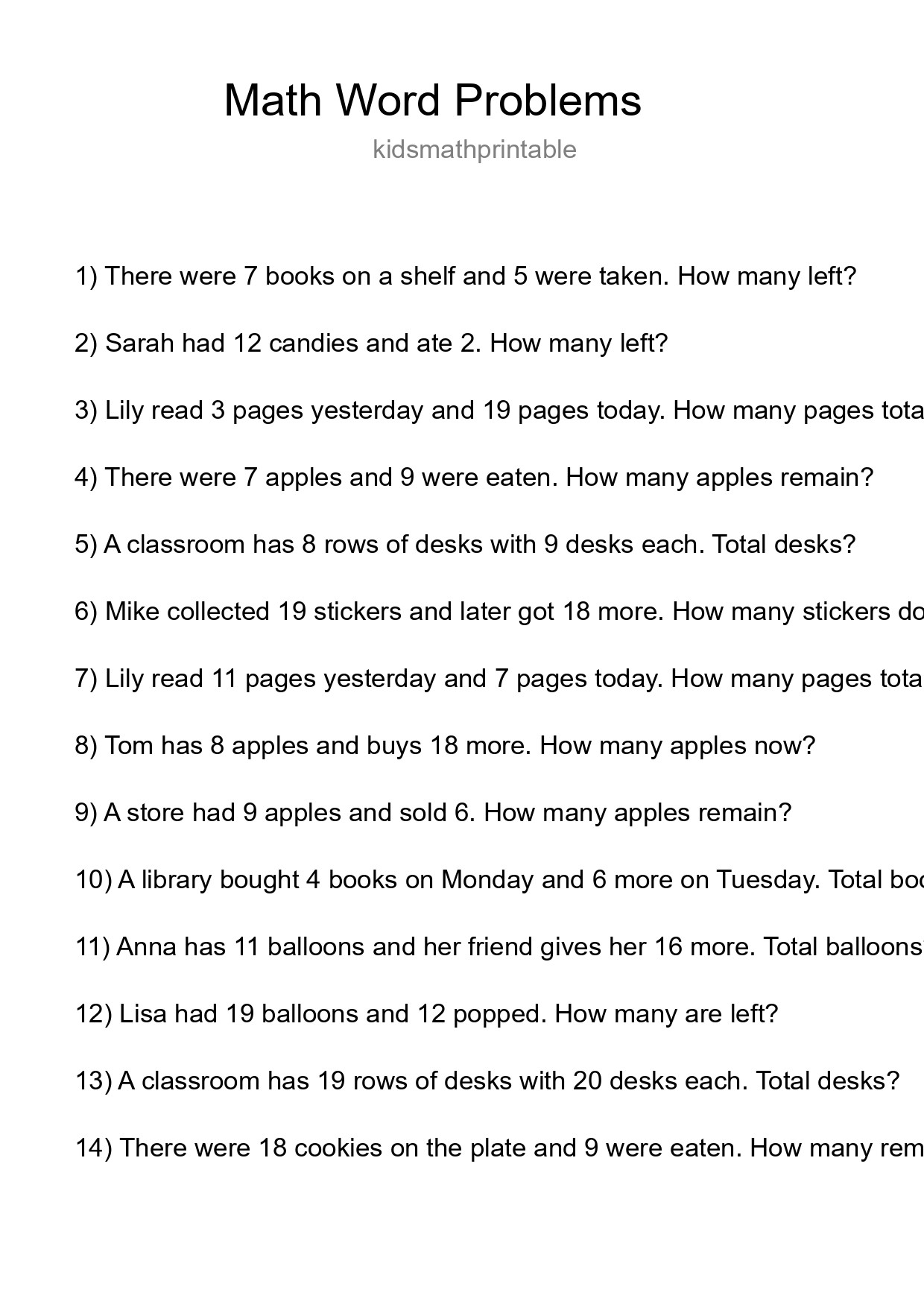 Math Word Problem Worksheet