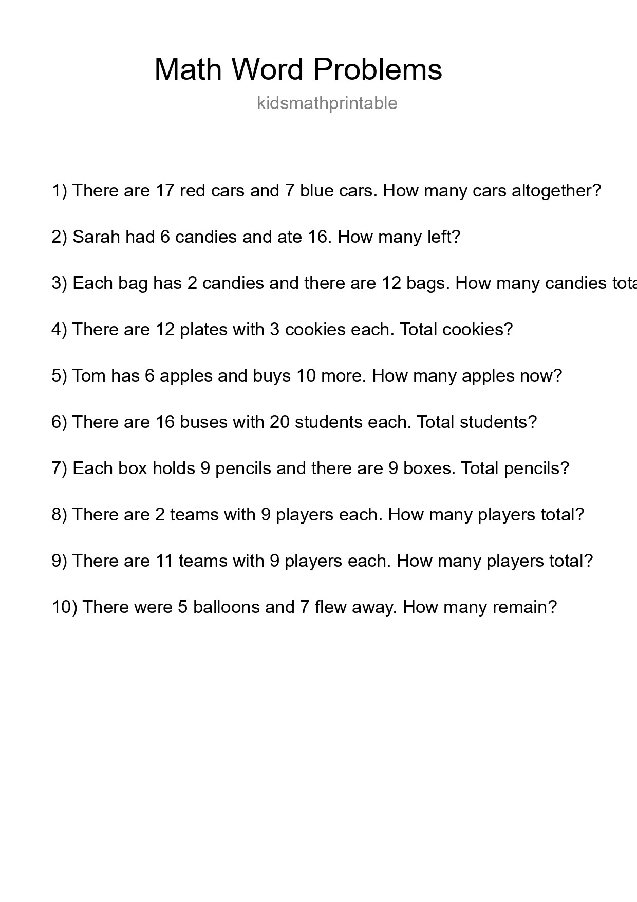 Math Word Problem Worksheet