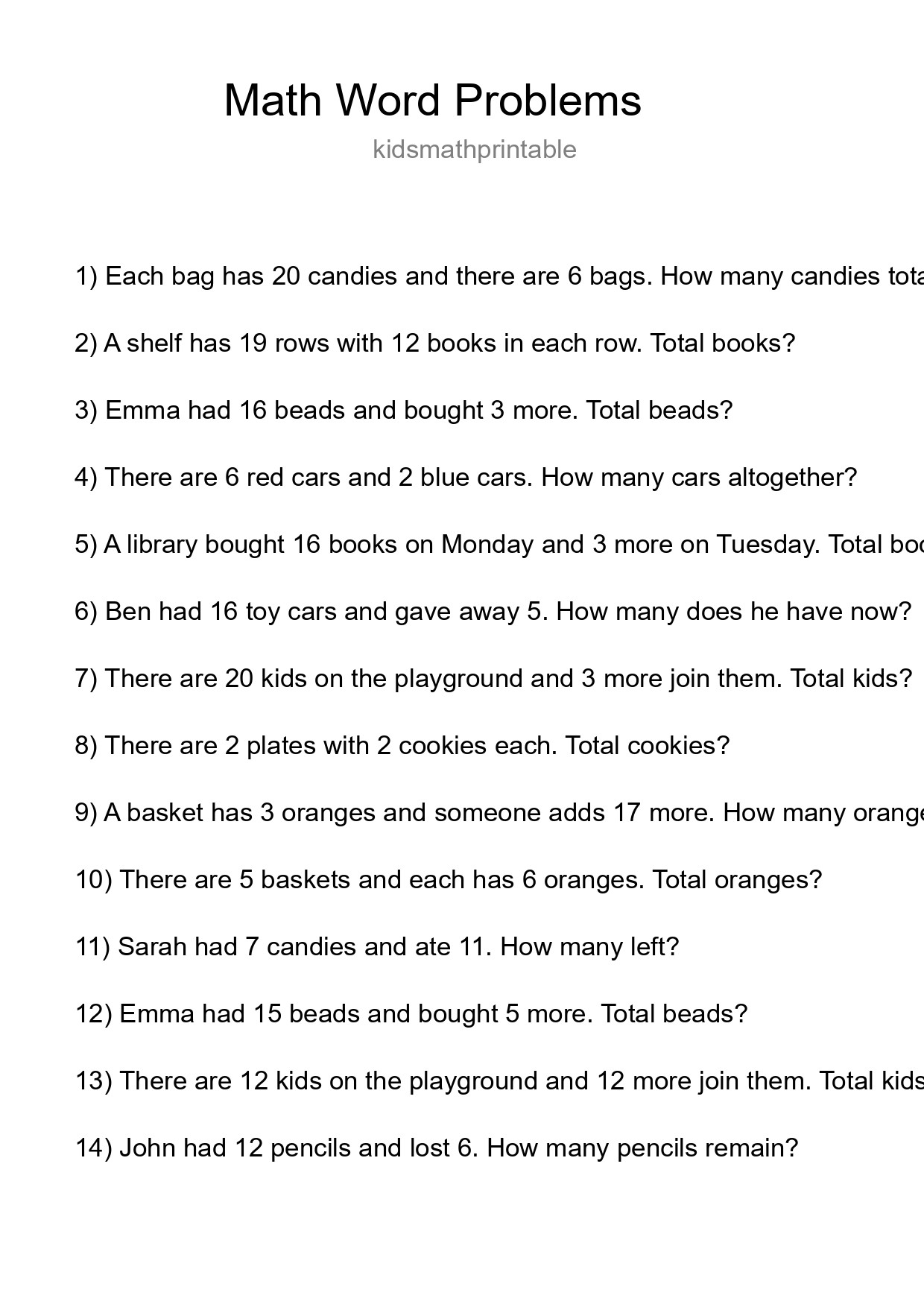 Math Word Problem Worksheet