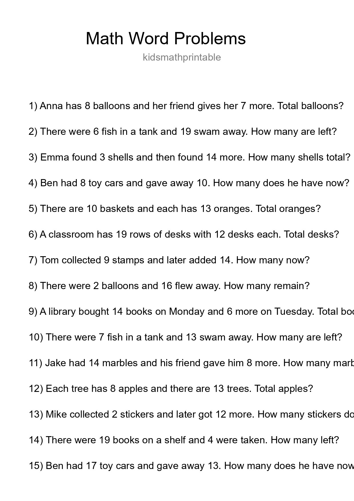 Math Word Problem Worksheet